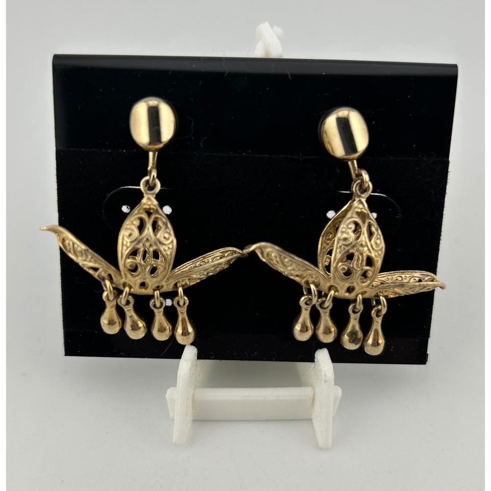 Vintage Signed Alice Elegant Gold Tone Dangle Earrings Ornate‎ Filigree Design